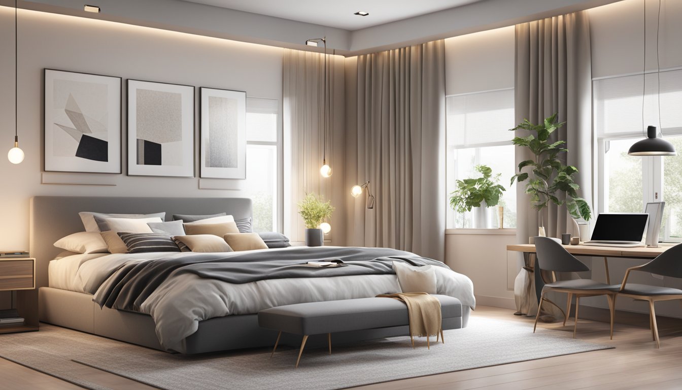 A modern bedroom with sleek furniture, a neutral color palette, and stylish lighting. The space is organized and clutter-free, with a cozy and inviting atmosphere