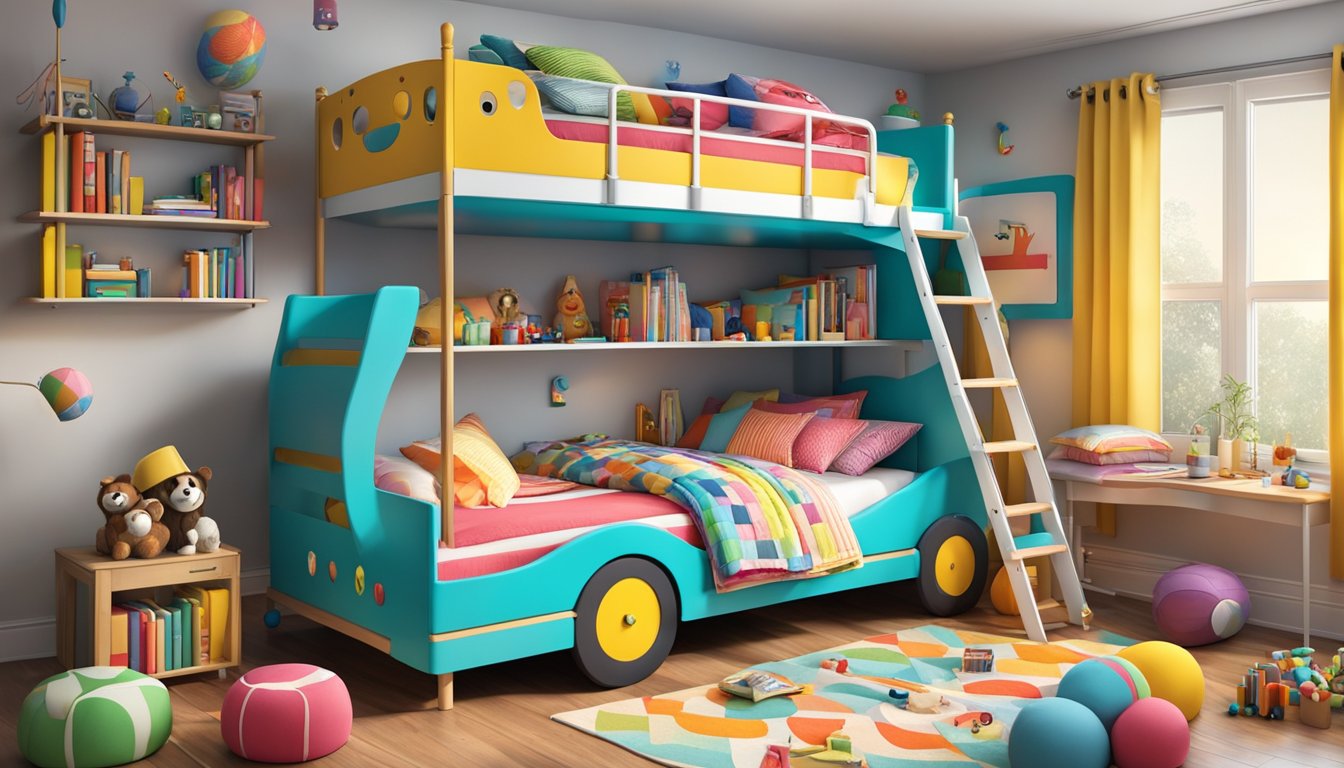 A colorful double decker bed with safety railings, ladder, and fun-themed bedding. Toys and books scattered around the room