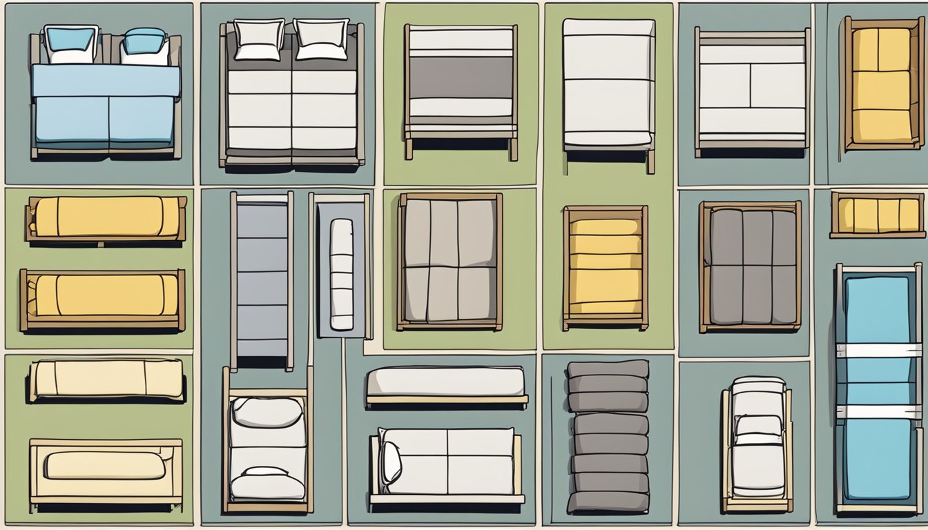 Various types of beds arranged in a grid with labels. King, queen, twin, bunk, and sofa beds are shown