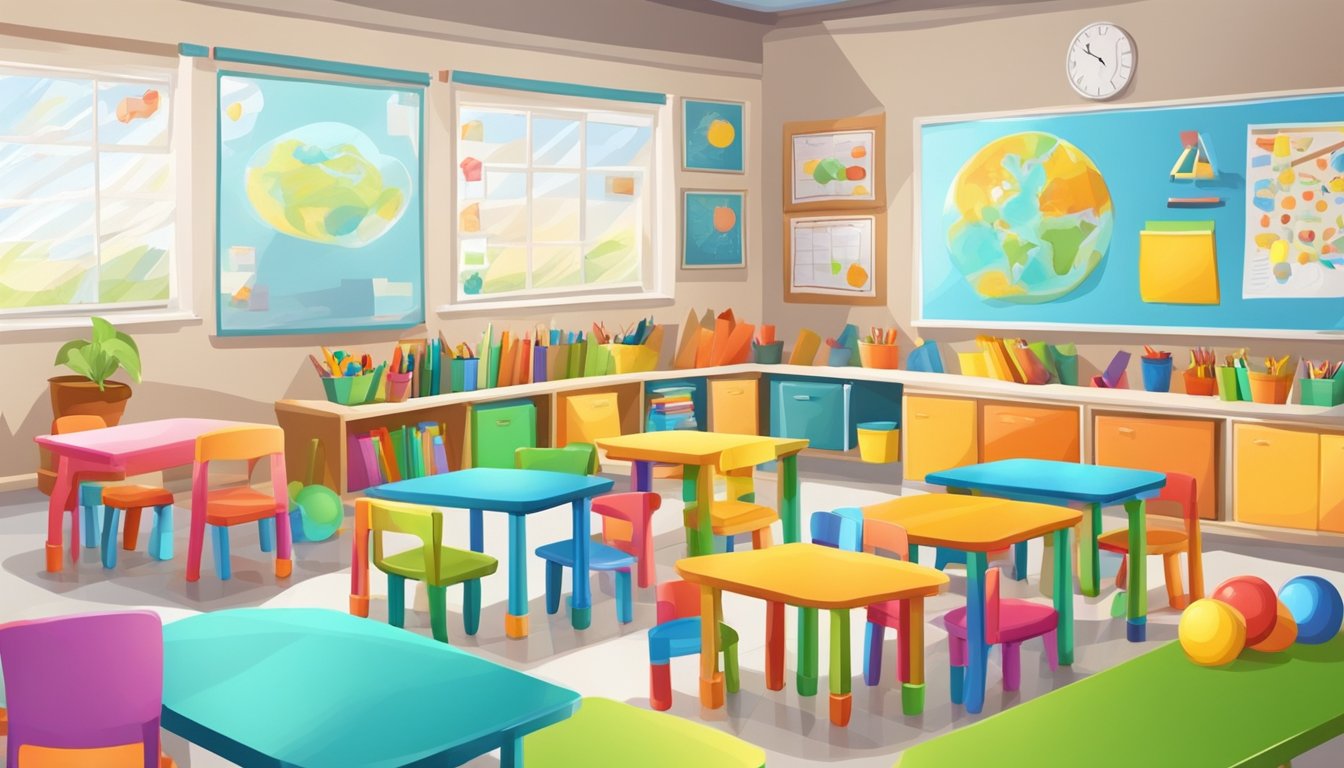 A colorful classroom with educational toys, books, and posters on the walls. A small table and chairs for activities, and a whiteboard for teaching