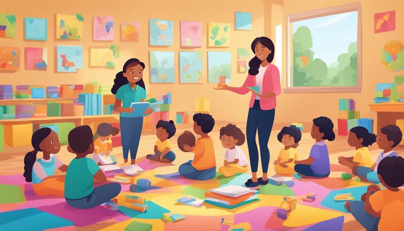 A preschool teacher engaging with young students in a colorful and vibrant classroom setting, with educational materials and toys scattered around