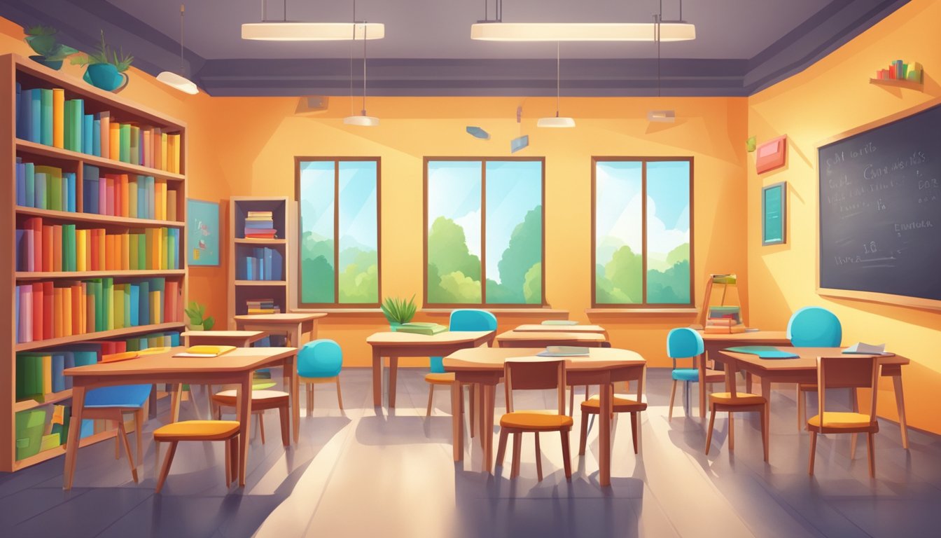 A classroom with colorful educational materials, small tables and chairs, and a cozy reading corner with books and cushions