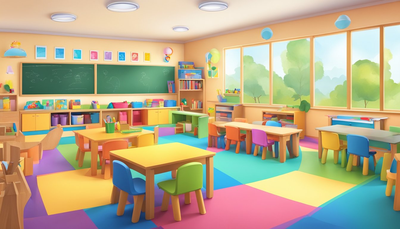 A preschool classroom with colorful educational materials, child-sized furniture, and a welcoming environment