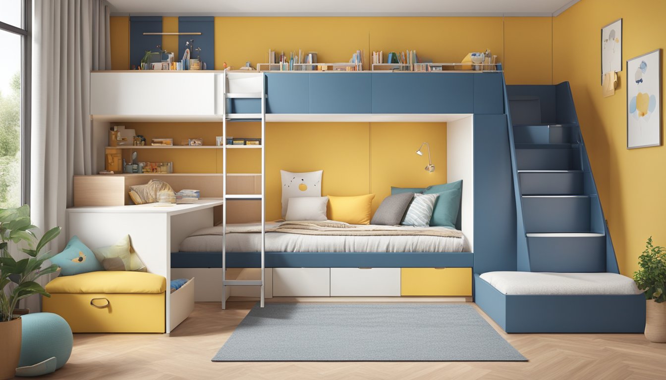 A double-decker bed for kids with built-in storage, a ladder, and a safety rail, maximizing bedroom space