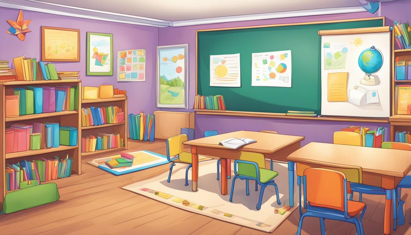 A classroom setting with educational materials, colorful decorations, and a cozy reading corner. A whiteboard with lesson plans and a shelf of children's books