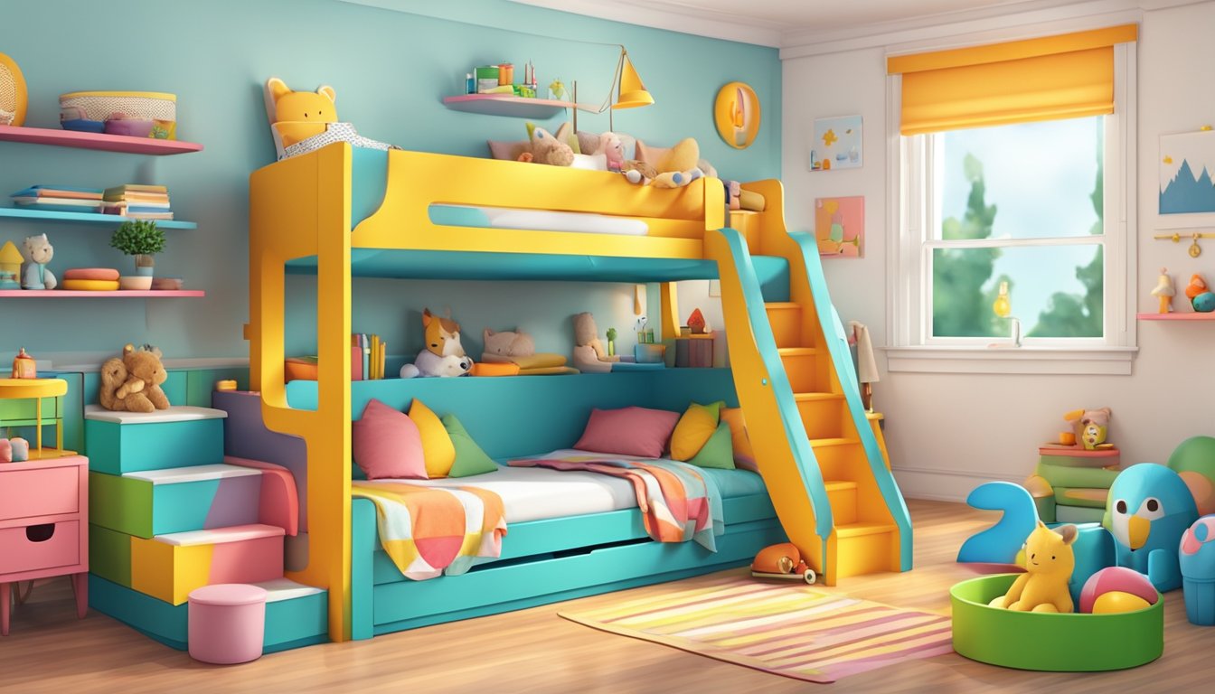 A colorful double decker bed with safety rails and built-in ladder, surrounded by playful decor and toys