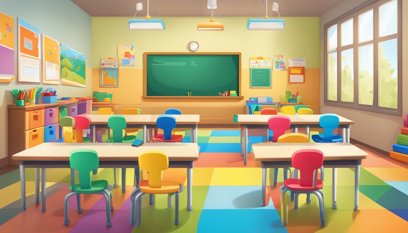 A colorful classroom with small chairs and tables, educational toys, and a whiteboard. A sign with "Preschool Teacher Requirements" displayed prominently