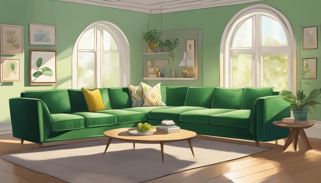 A green sofa sits in a sunlit room, adorned with plush pillows and a cozy throw blanket