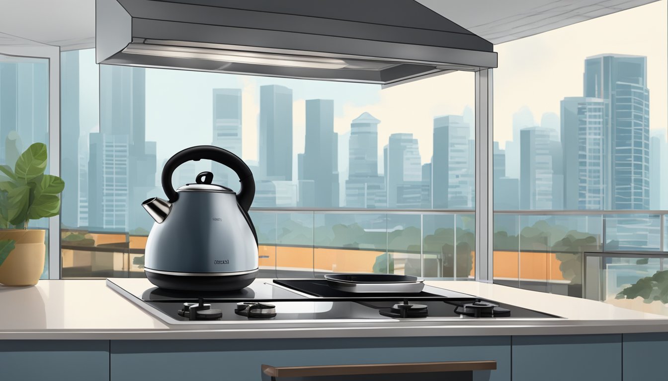 A steaming kettle sits on a stove in a modern Singapore kitchen. The city skyline is visible through the window