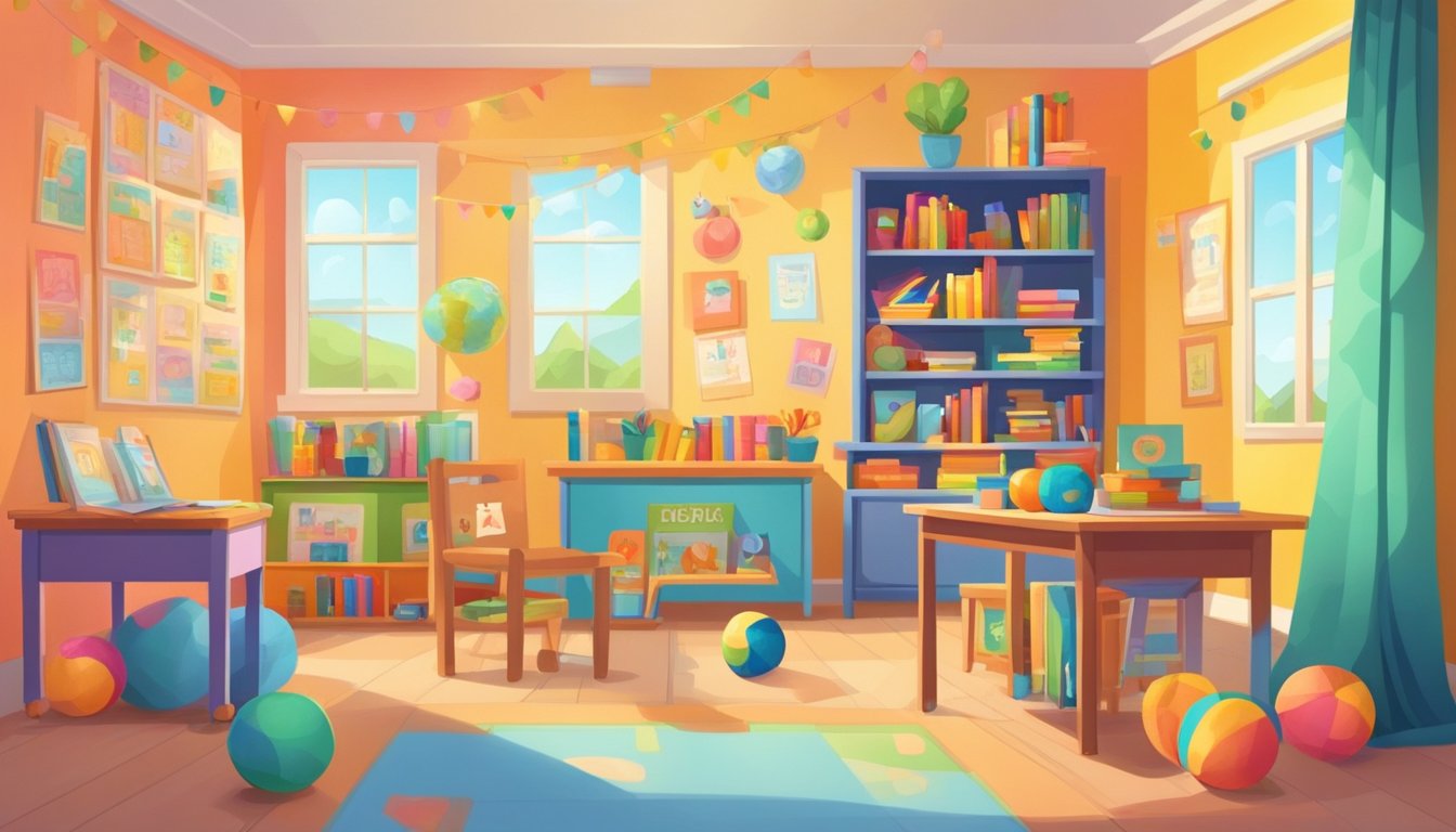 A colorful classroom with educational toys and books, a teacher's desk, and a cozy reading corner. Brightly decorated walls with alphabet and number posters