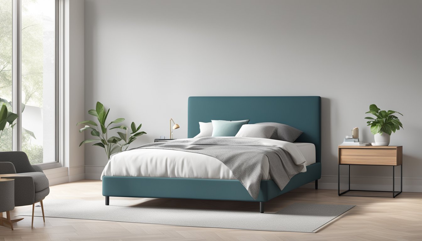 A super single bed frame, sleek and modern, stands against a white wall in a minimalist bedroom