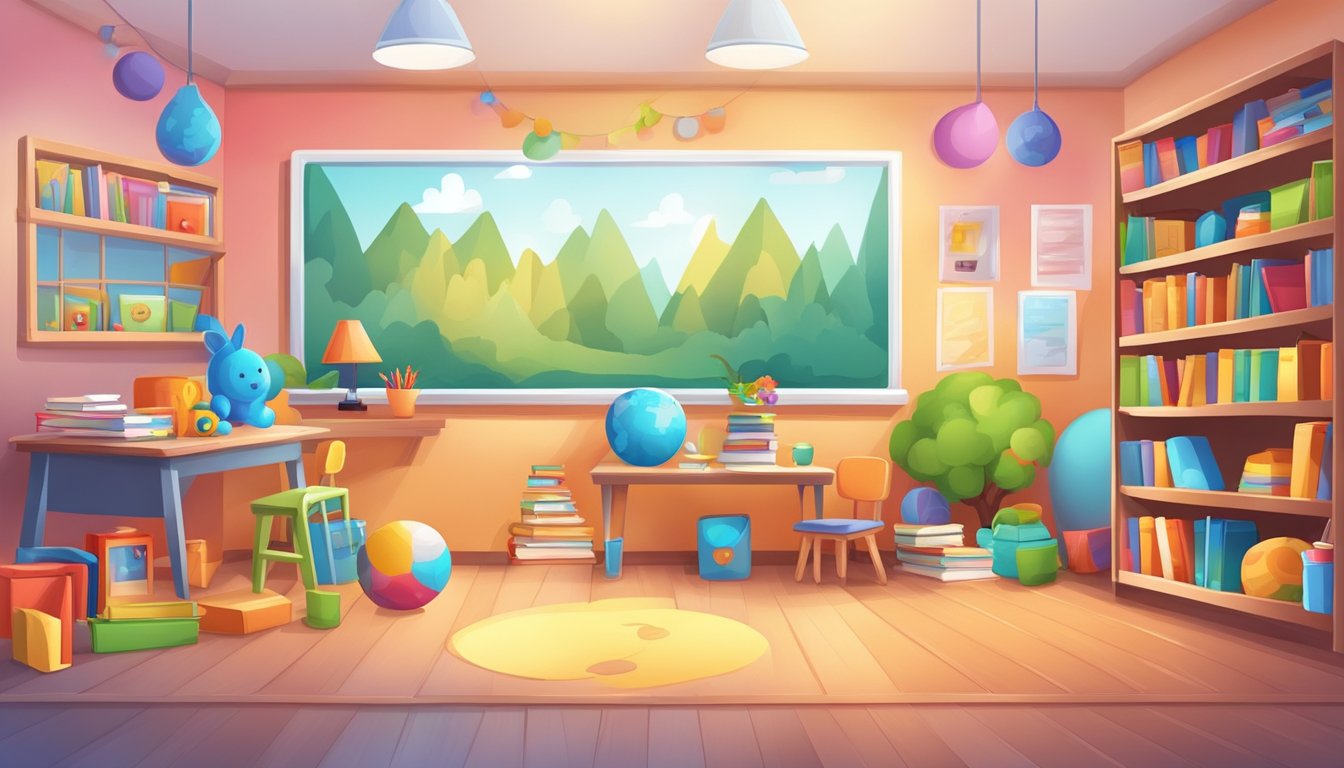 A colorful classroom with toys, books, and educational materials. A whiteboard with lesson plans and a cozy reading corner