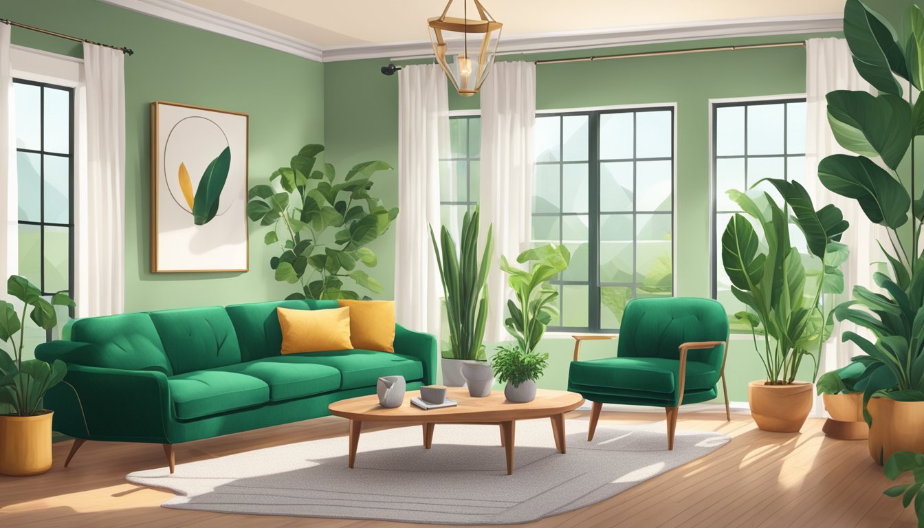 A cozy living room with a vibrant green sofa as the focal point, surrounded by plants and natural light