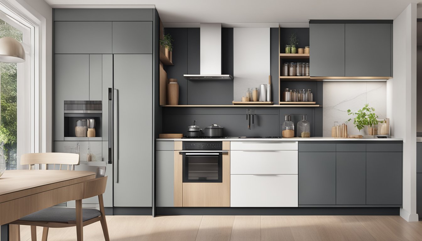 A sleek, modern kitchen tall unit with clean lines and functional storage compartments