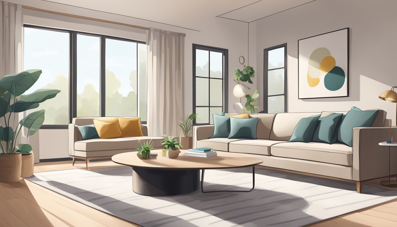 A clean, modern living room with neutral colors, simple furniture, and natural light streaming in through large windows