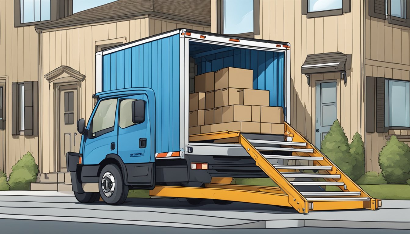 A delivery truck unloading a super single bed frame at a customer's doorstep