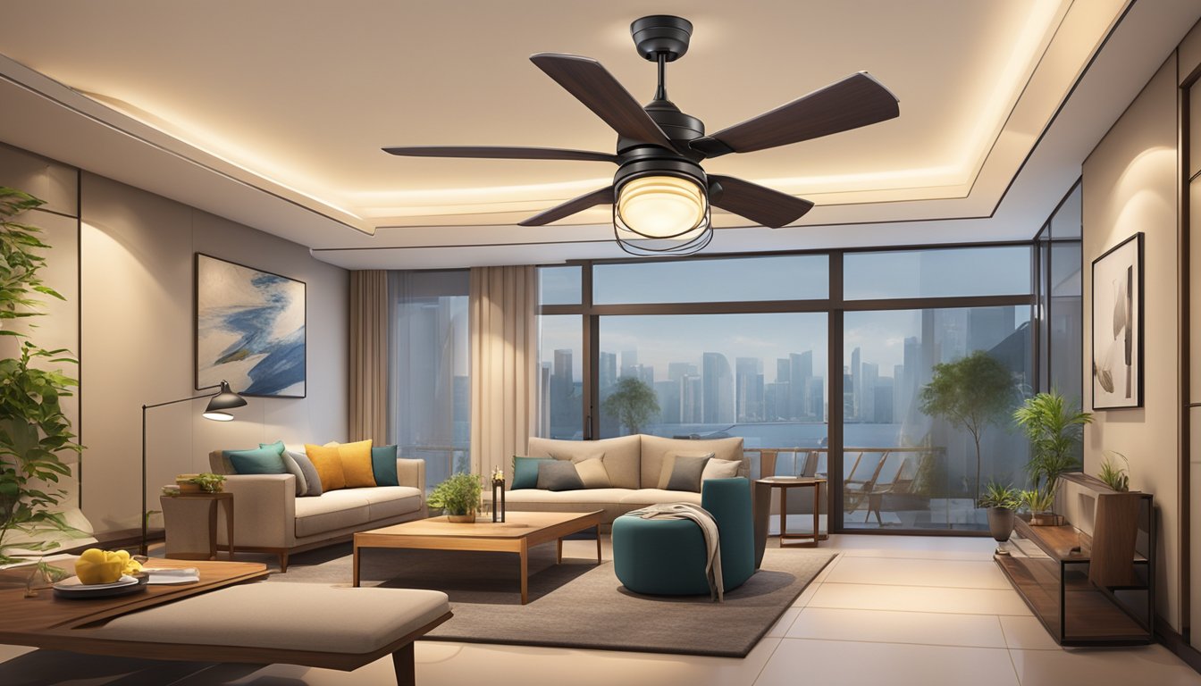 A ceiling fan with a built-in light fixture hanging from the center of a room in Singapore. The fan blades are spinning, and the light is casting a warm glow