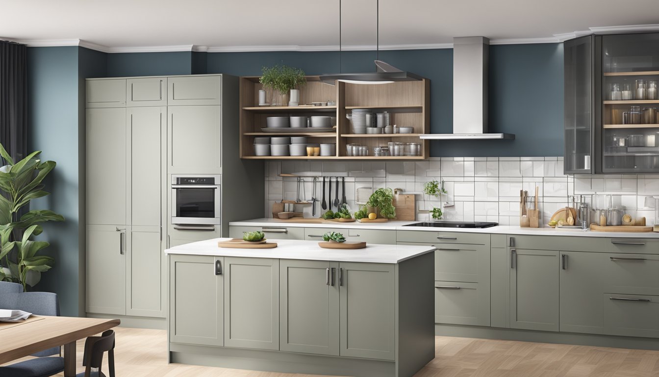A tall kitchen unit with organized shelves and storage solutions