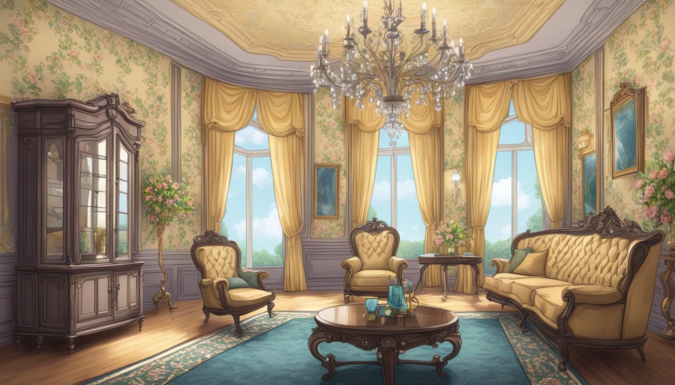 A grand Victorian room with ornate furniture, floral wallpaper, and a chandelier hanging from the ceiling