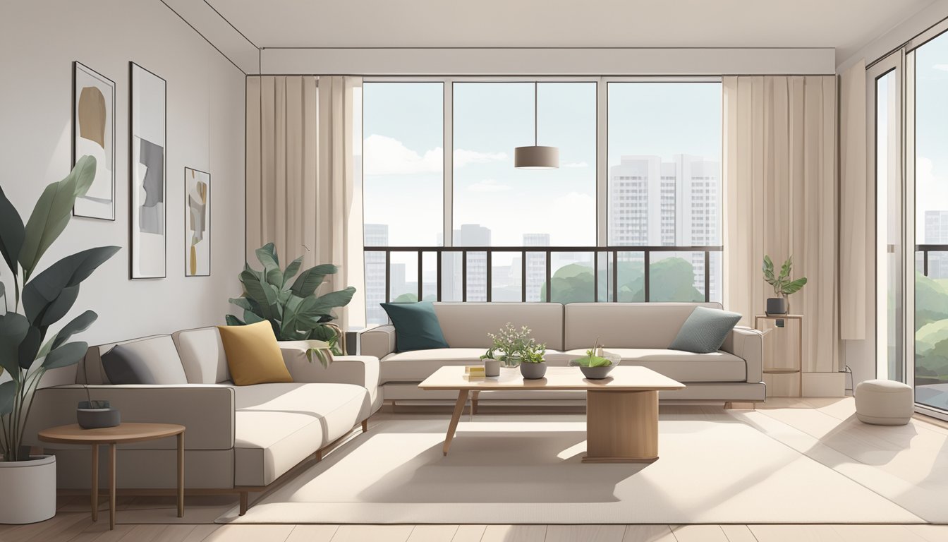 A spacious living room with clean lines, neutral colors, and simple furniture. Natural light floods the space, highlighting the minimalist design of the HDB flat