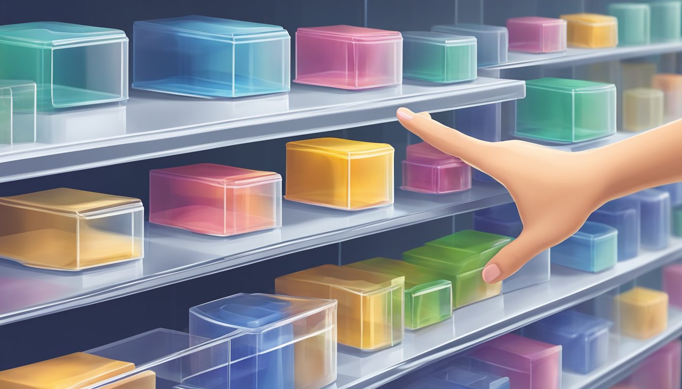 A hand reaches for a clear plastic box among various sizes and colors on a store shelf, carefully examining the features and durability