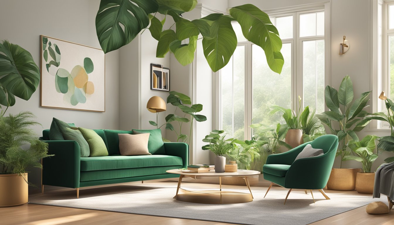 A living room with a green sofa as the focal point, surrounded by plants and natural light