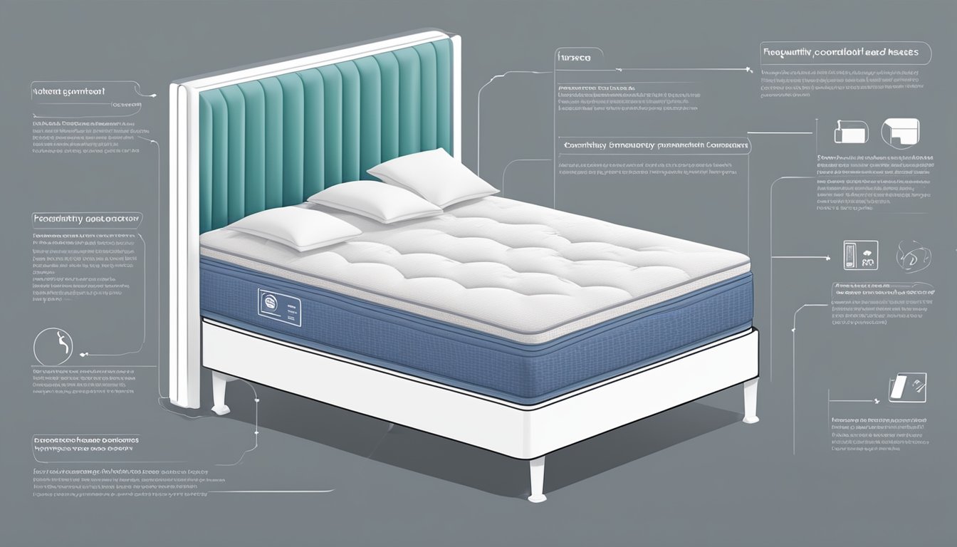 A mattress with a "Frequently Asked Questions" label, surrounded by supportive and comfortable features