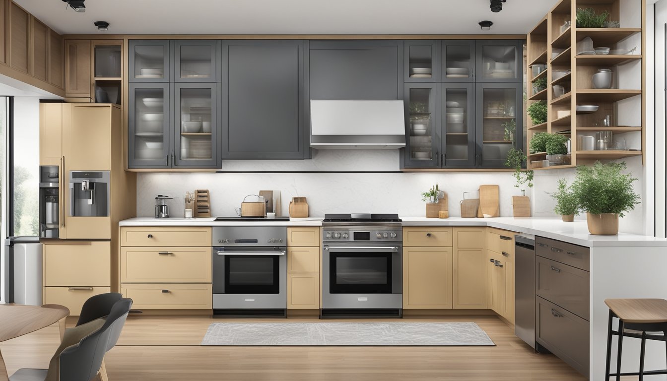 A kitchen tall unit with open shelves and closed cabinets, displaying neatly organized pots, pans, and dishes. A built-in microwave and oven are integrated into the unit, with a sleek and modern design