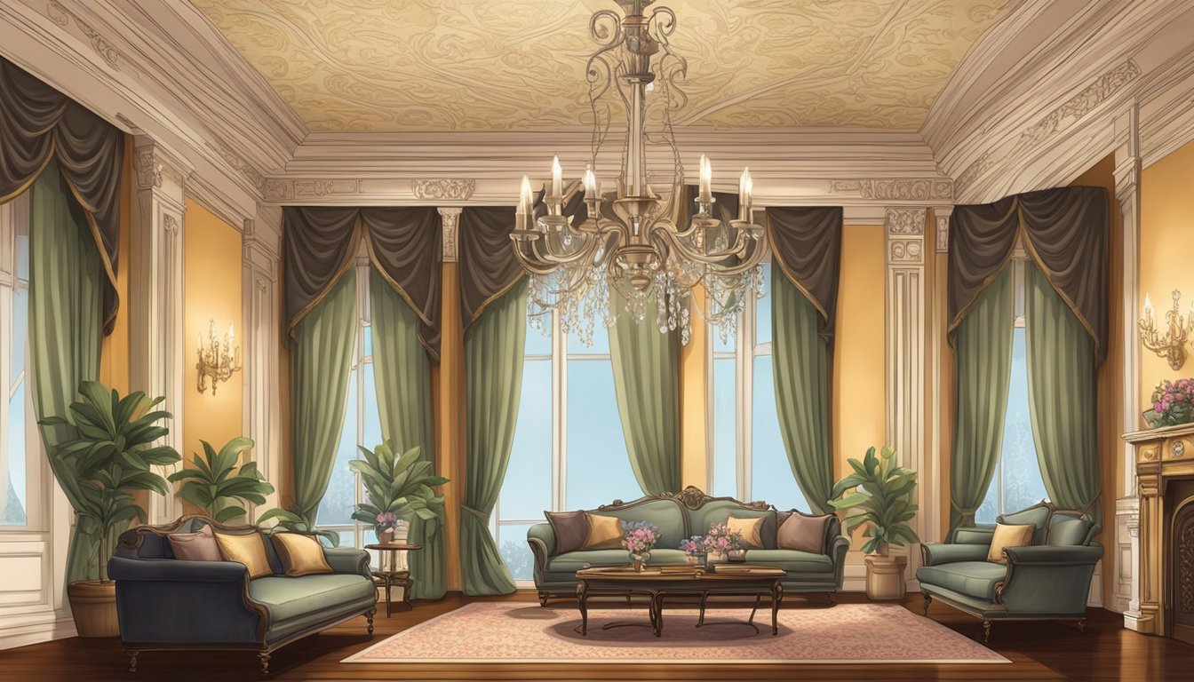 A grand Victorian parlor with ornate furniture, floral wallpaper, and rich draperies. A chandelier casts a warm glow over the room, highlighting intricate details and luxurious fabrics