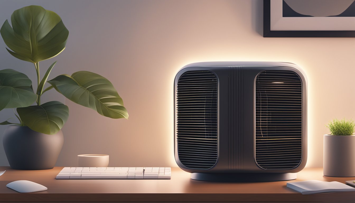 A sleek, modern air cooler sitting on a clean, minimalist desk with a soft glow emanating from its vents