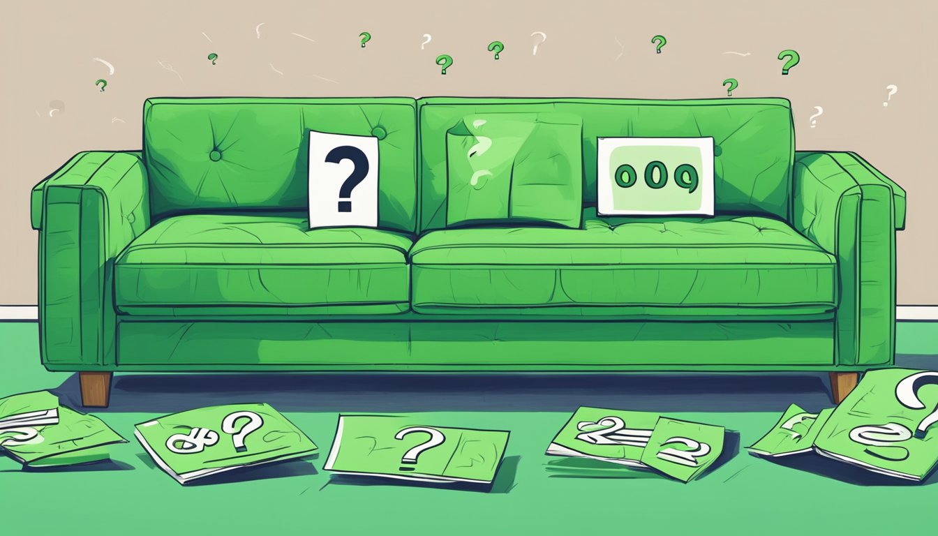 A green sofa surrounded by question marks, with a sign reading "Frequently Asked Questions" above it