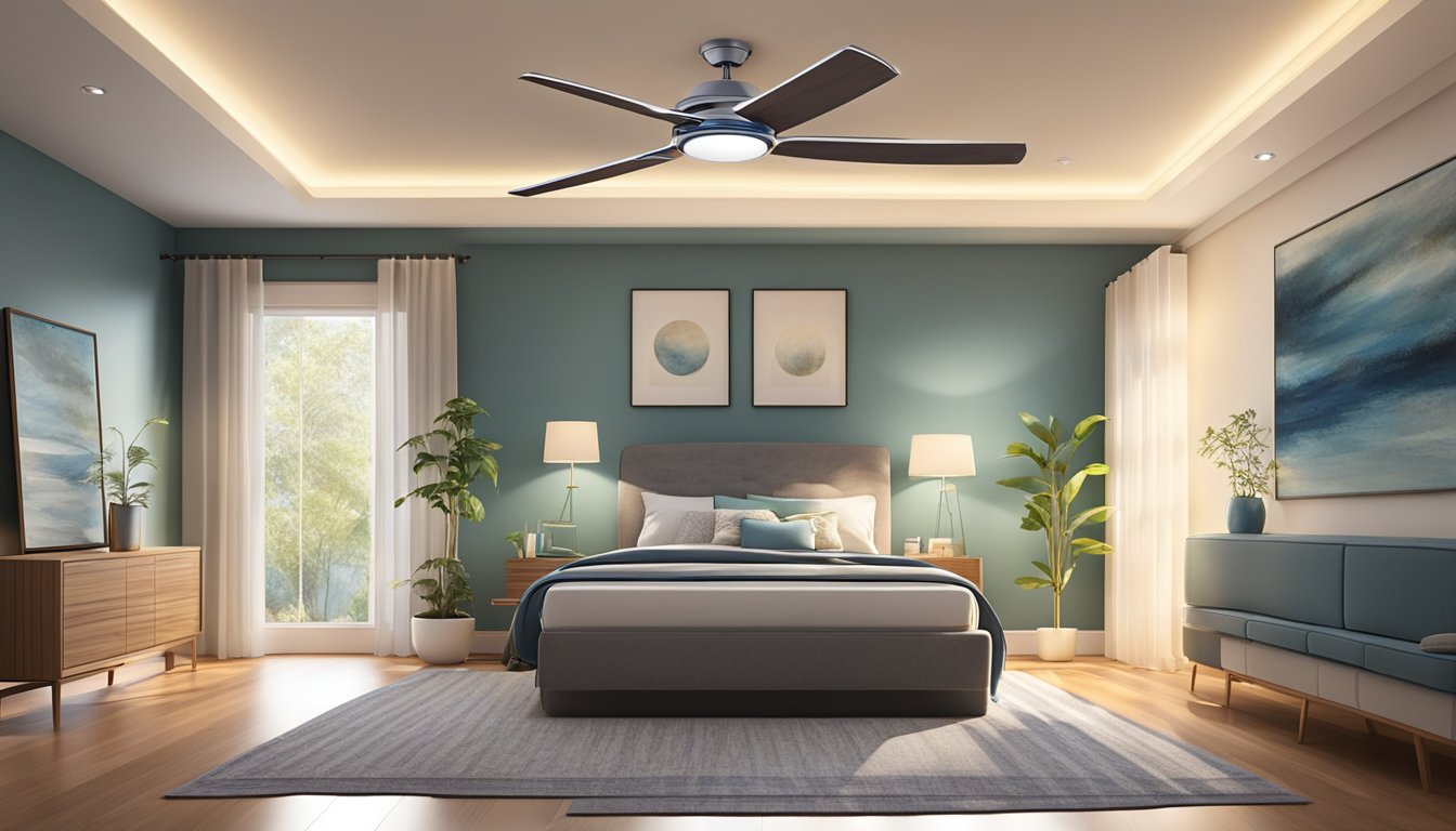 A hand reaches up to adjust the sleek, modern ceiling fan with integrated lighting. The fan's blades spin quietly, casting a gentle glow throughout the room