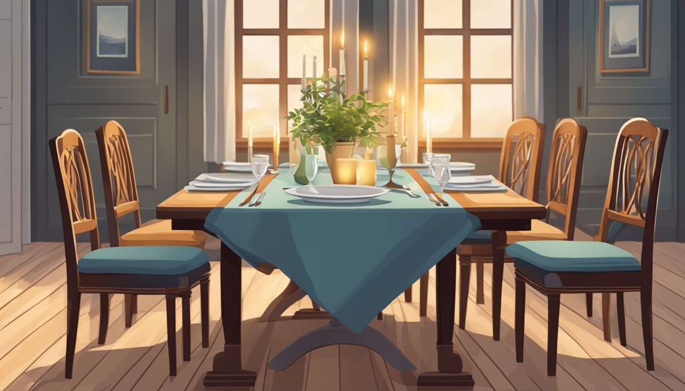 A beautifully set table with elegant cutlery and a flickering candle, surrounded by comfortable wooden chairs in a cozy dining room