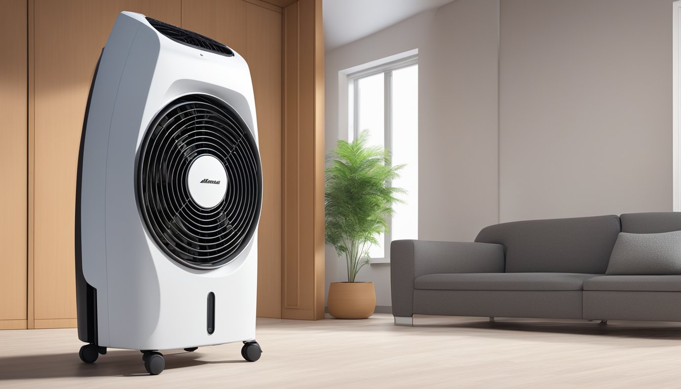 An air cooler stands tall, surrounded by hot, dry surroundings. Its sleek design and powerful fan suggest superior cooling capabilities