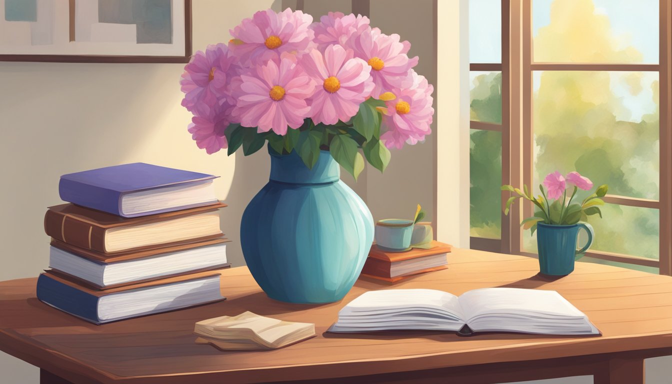 A vase of flowers sits on a wooden living room table, surrounded by a stack of books and a cozy lamp