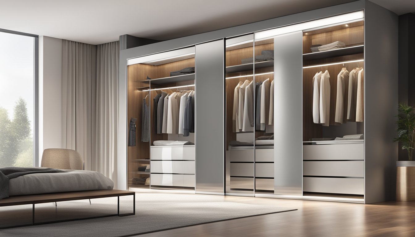 A sleek, modern sliding wardrobe with customizable compartments and mirrored doors, set against a minimalist backdrop with soft, ambient lighting