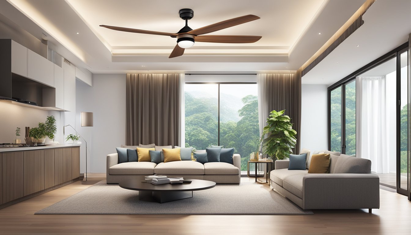 A modern ceiling fan with integrated lights hangs from a high ceiling in a contemporary Singaporean living room, casting a soft glow over the space