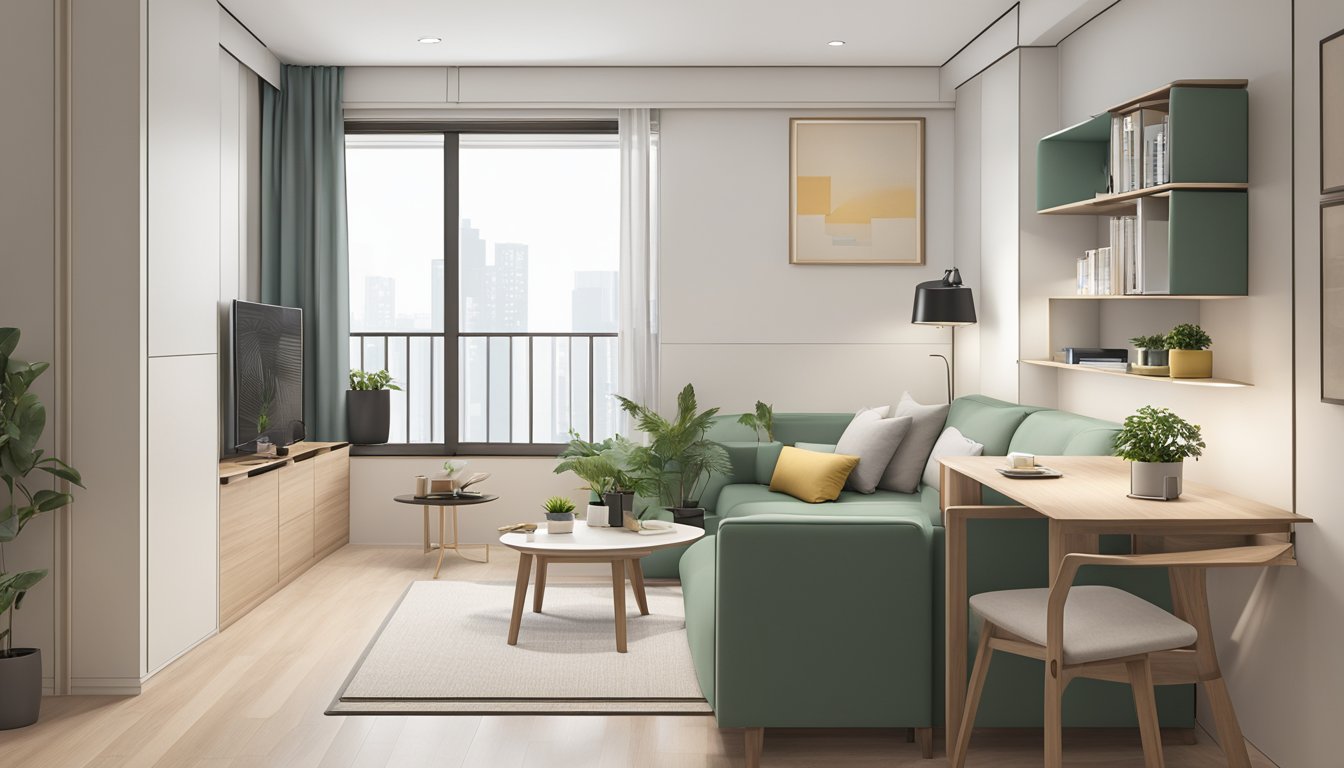 A minimalist HDB 3-room flat with strategic design choices, featuring clean lines, neutral tones, and functional furniture layout