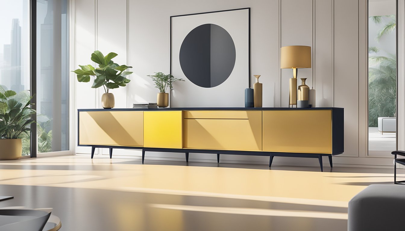 A sleek, minimalist sideboard stands against a backdrop of contemporary furniture in a brightly lit showroom in Singapore