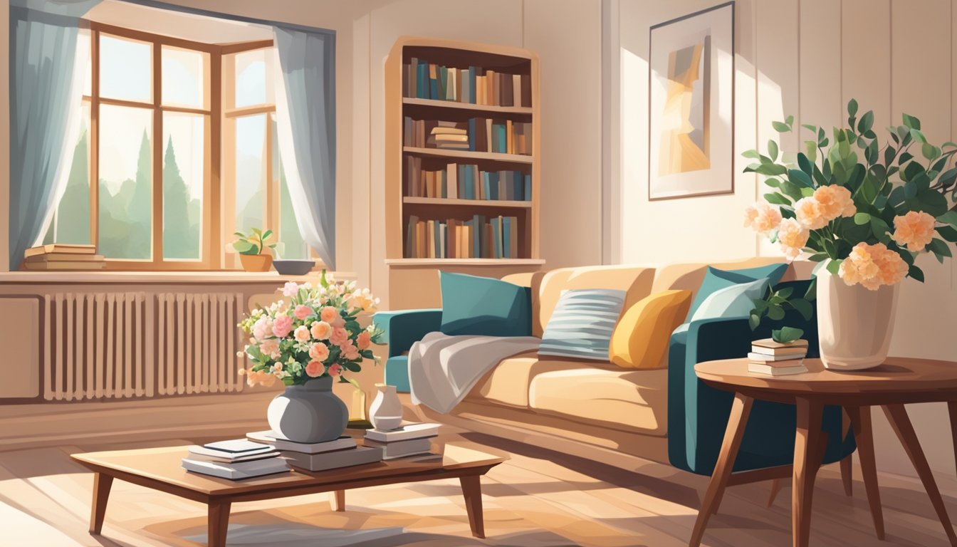 A cozy living room with a modern, wooden table, adorned with a vase of fresh flowers and a stack of books, bathed in warm natural light