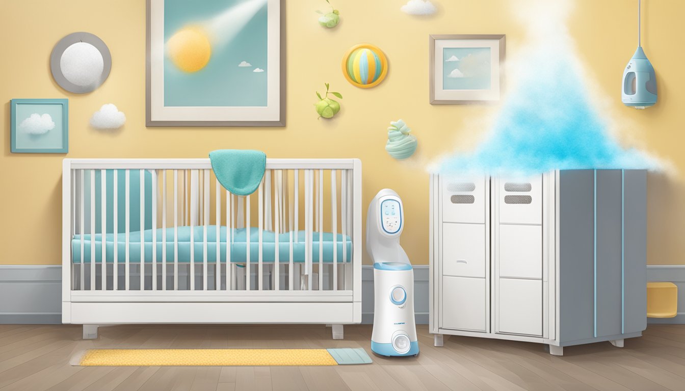 A baby's room with a humidifier on one side and a dehumidifier on the other, showing contrasting moisture levels in the air