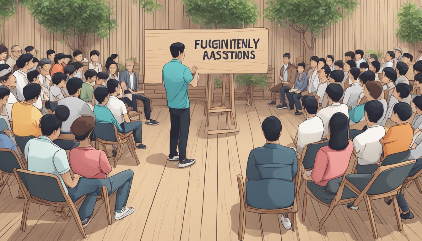 A wooden chair surrounded by a group of people, with a sign reading "Frequently Asked Questions" in Singapore