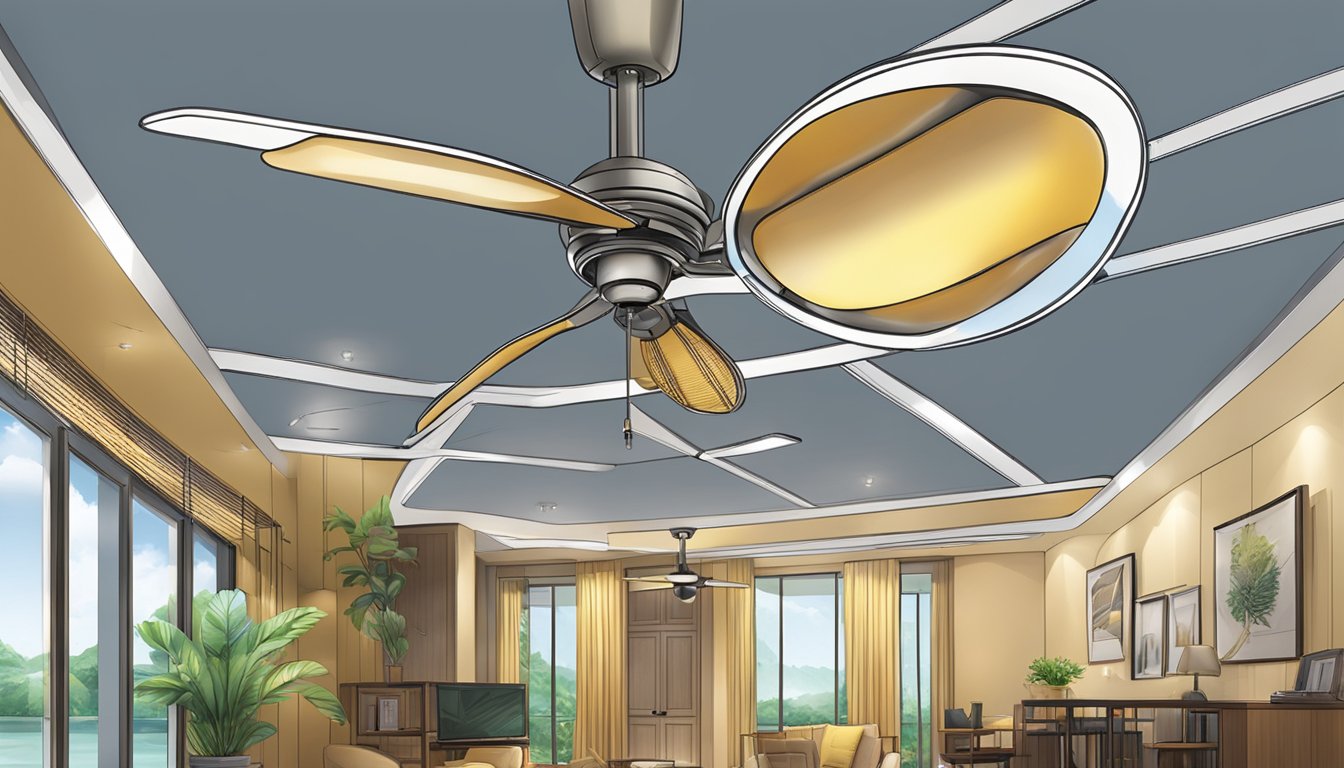 A spinning ceiling fan illuminating a room in Singapore