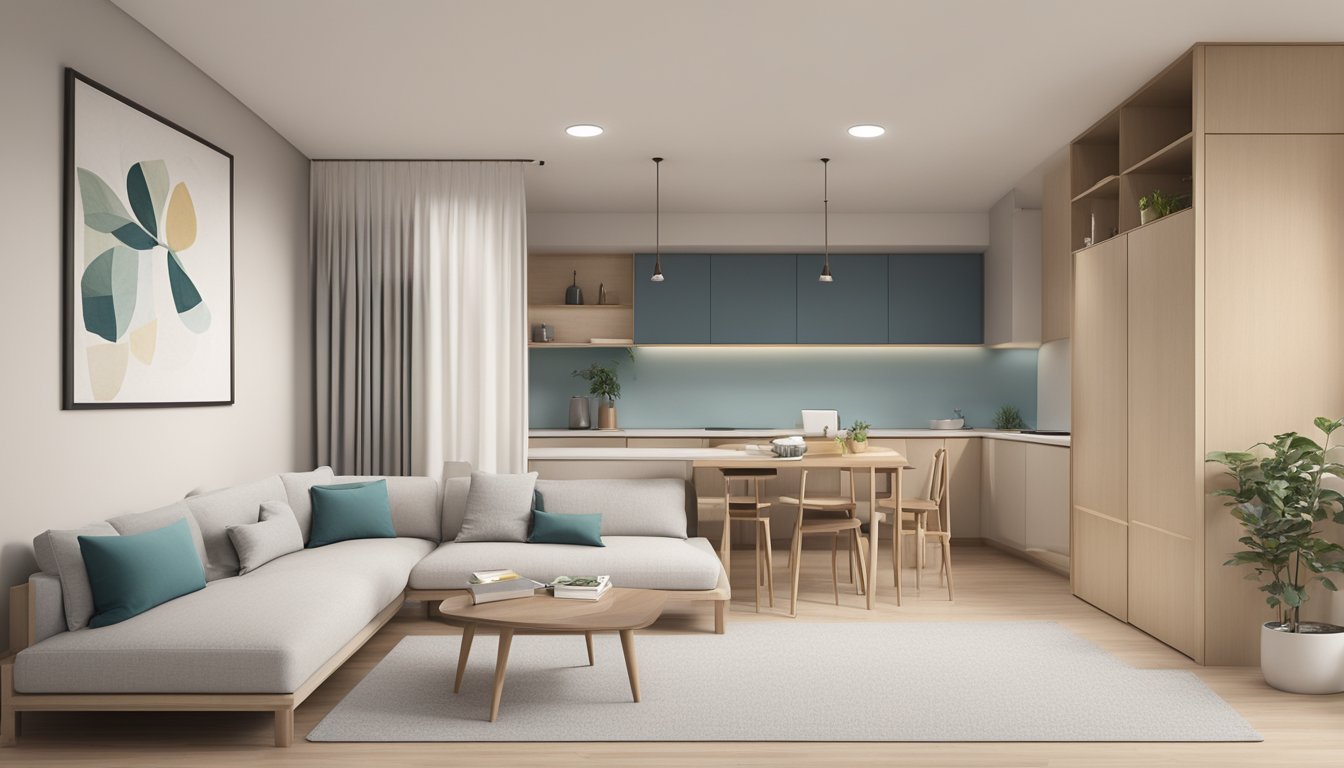 A simple, uncluttered 3-room HDB flat interior with clean lines, neutral colors, and functional furniture. Minimalist decor and clever storage solutions create a spacious and organized living space