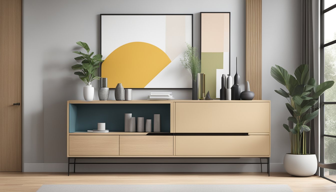 A sleek, minimalist sideboard stands against a backdrop of clean lines and modern decor, exuding sophistication and practicality