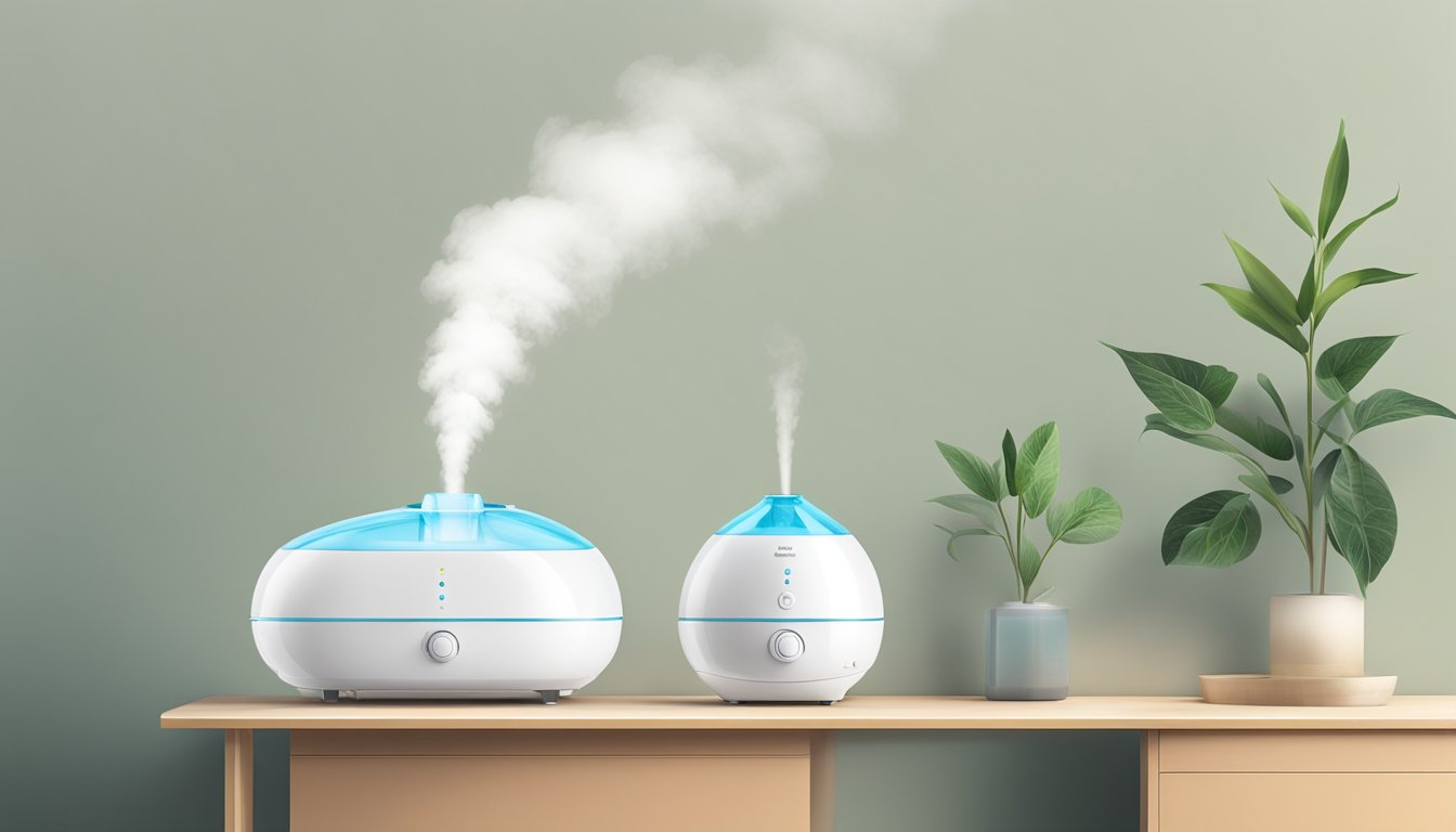 A humidifier and diffuser sit side by side, emitting steam and fragrance respectively. The humidifier releases moisture into the air, while the diffuser disperses essential oils