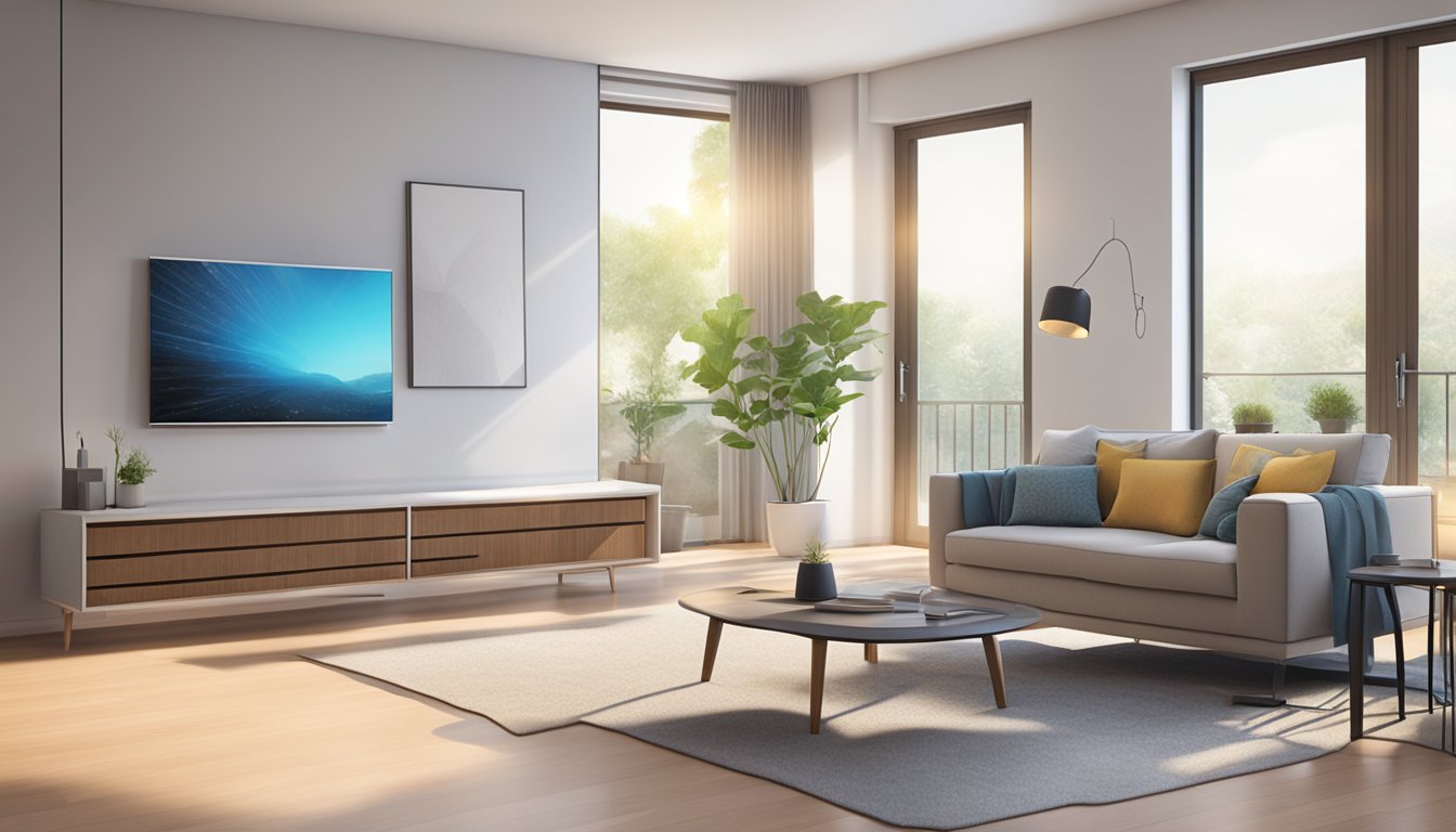 A modern living room with two Mitsubishi aircon units mounted on the wall, cooling the space efficiently