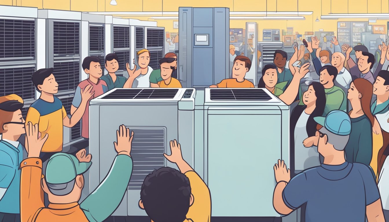 A sleek, modern air cooler surrounded by curious customers with raised hands, set against a backdrop of a busy electronics store