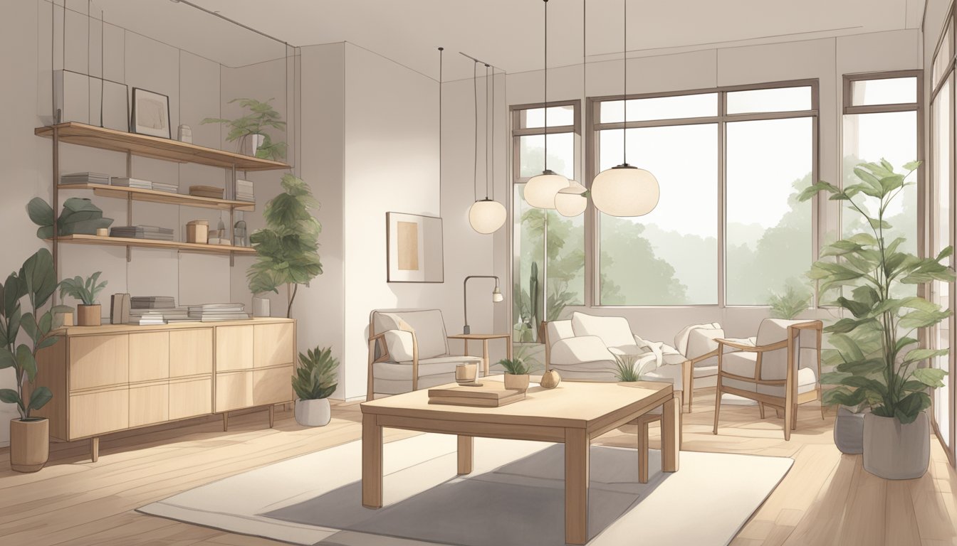 A minimalist Muji interior with natural materials, clean lines, and neutral colors. Simple furniture, uncluttered spaces, and soft lighting create a serene atmosphere