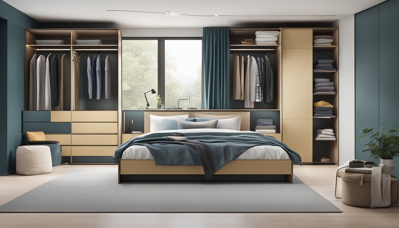 A sleek sliding wardrobe in a small bedroom, maximizing space with shelves and compartments